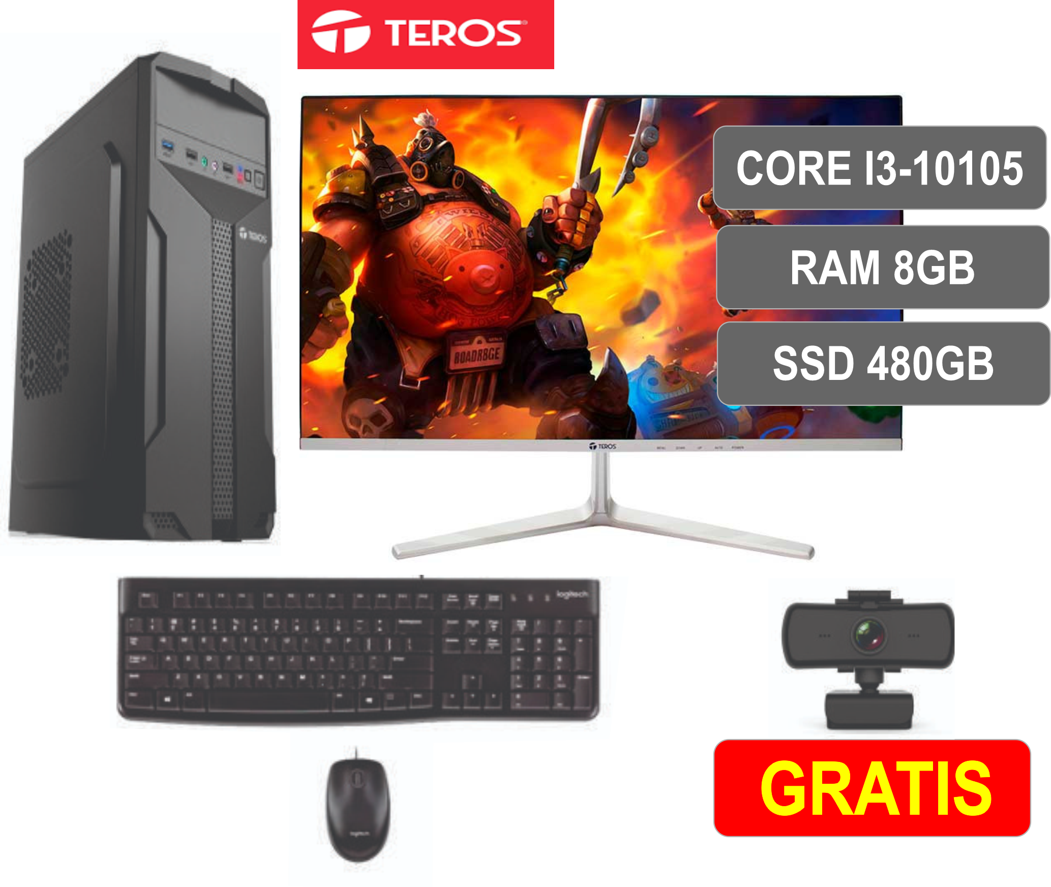COMPUTADORA TEROS Intel COREi3 10100 10G, RAM 8GB DDR4, Disco solido SSD 480GB M2, Fuente de poder ATX-600W, TEROS 24